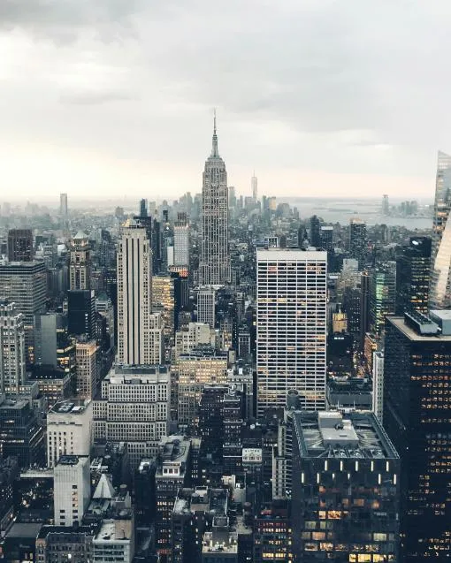 A view of New York City's skyline from atop a building, highlighting its famous skyscrapers and urban landscape.