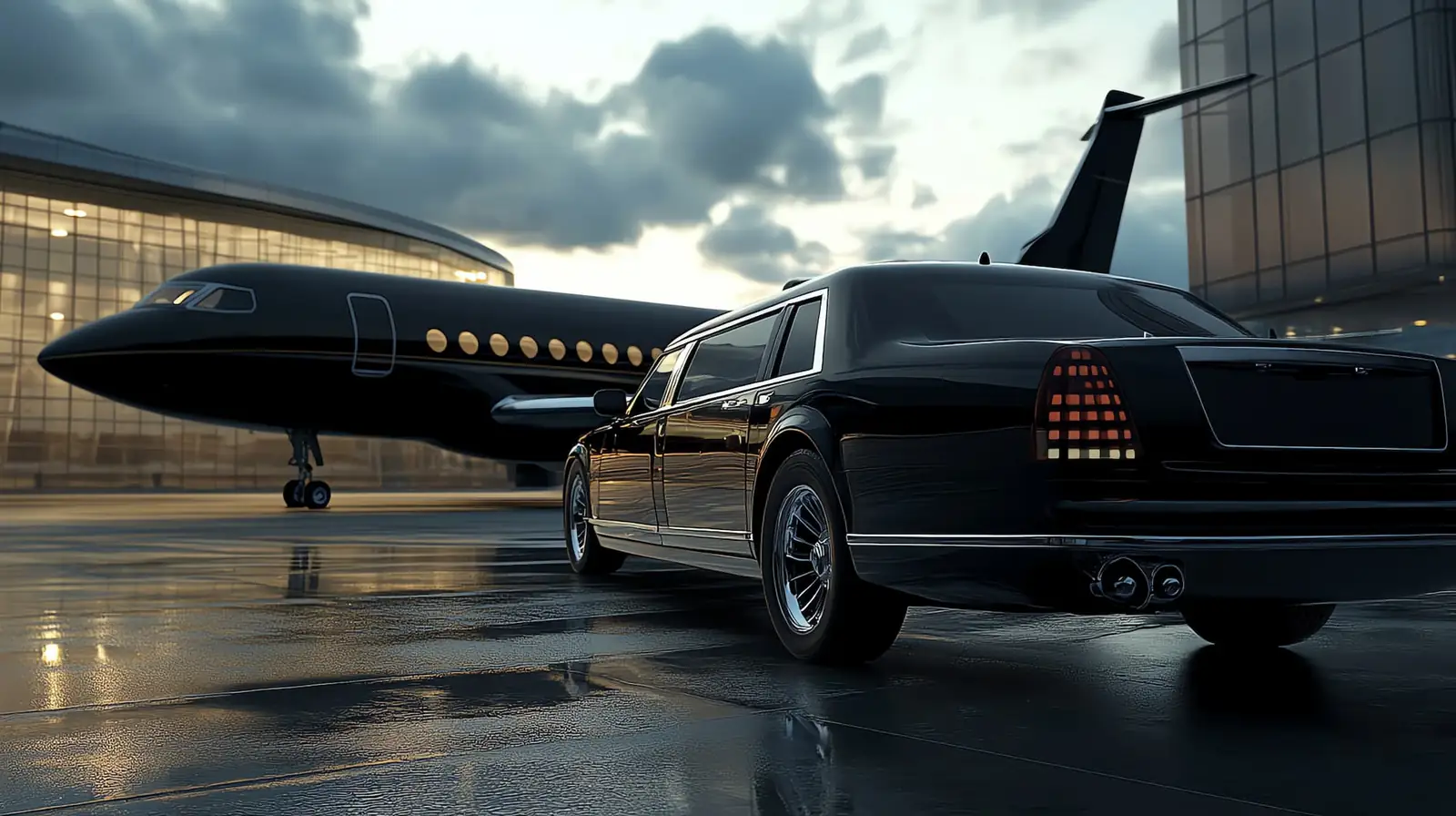Black stretch limousine parked beside a private jet on a wet apron