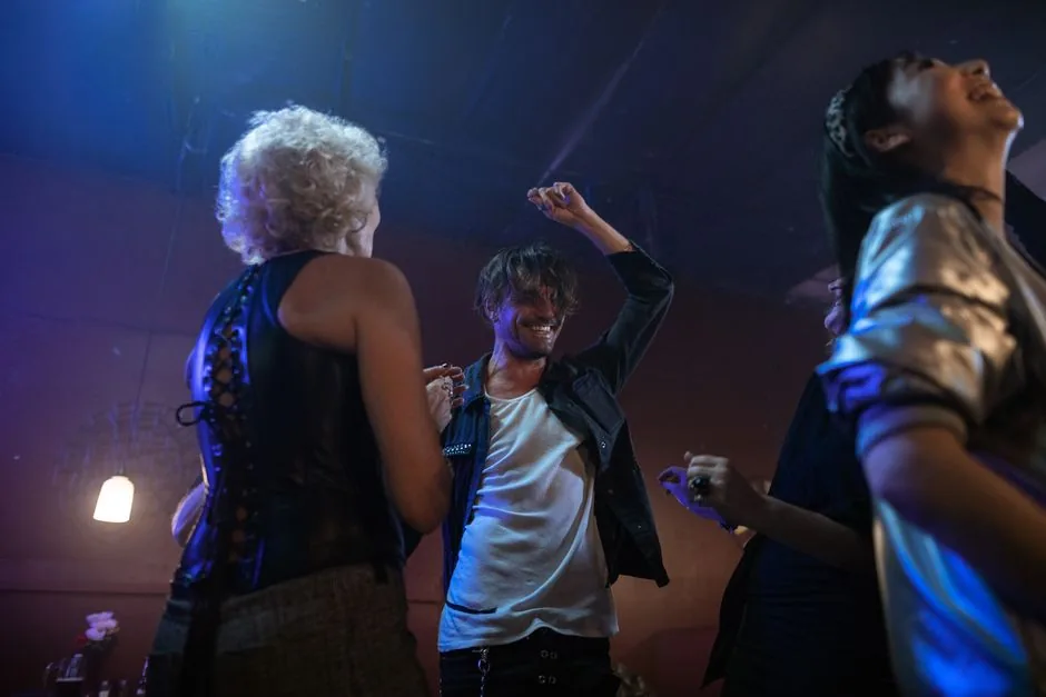 Group celebrating on board the party bus