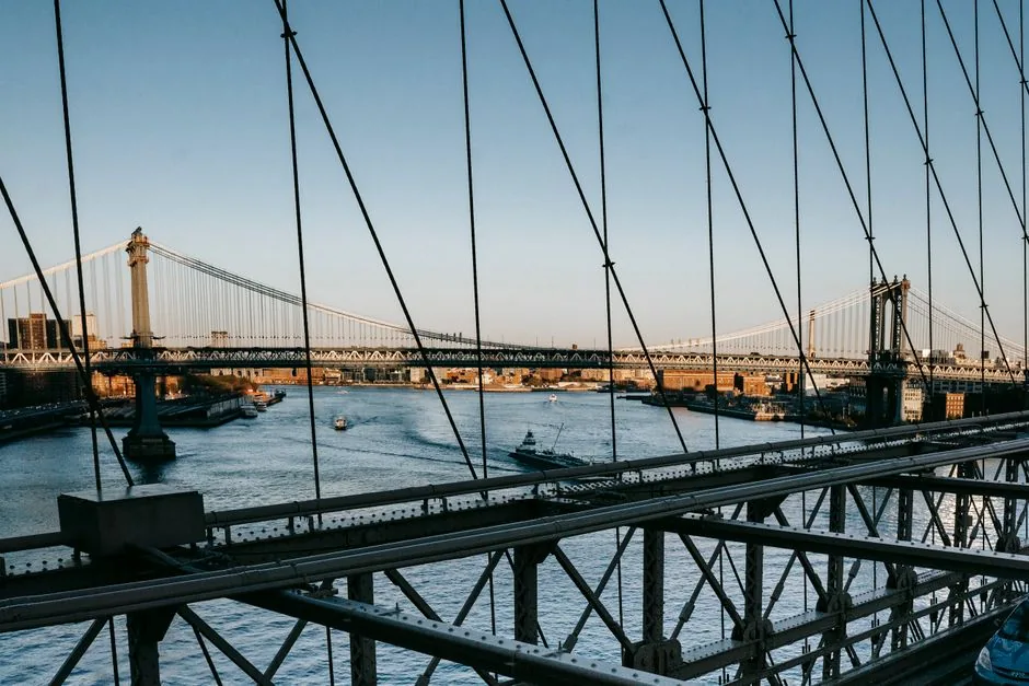 Manhattan Bridge seen from the Brooklyn Bridge at sunset