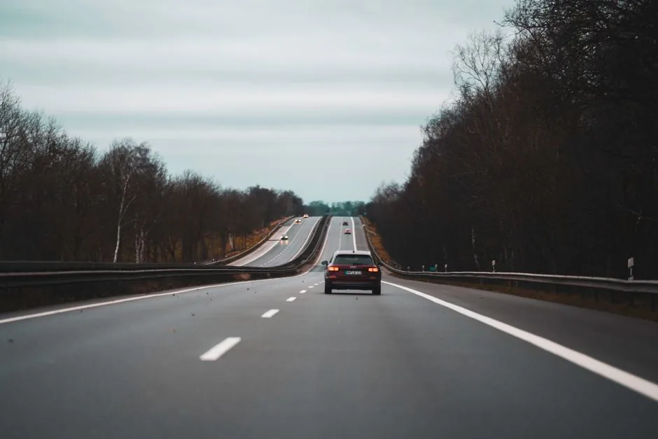 Car on an empty highway between bare trees