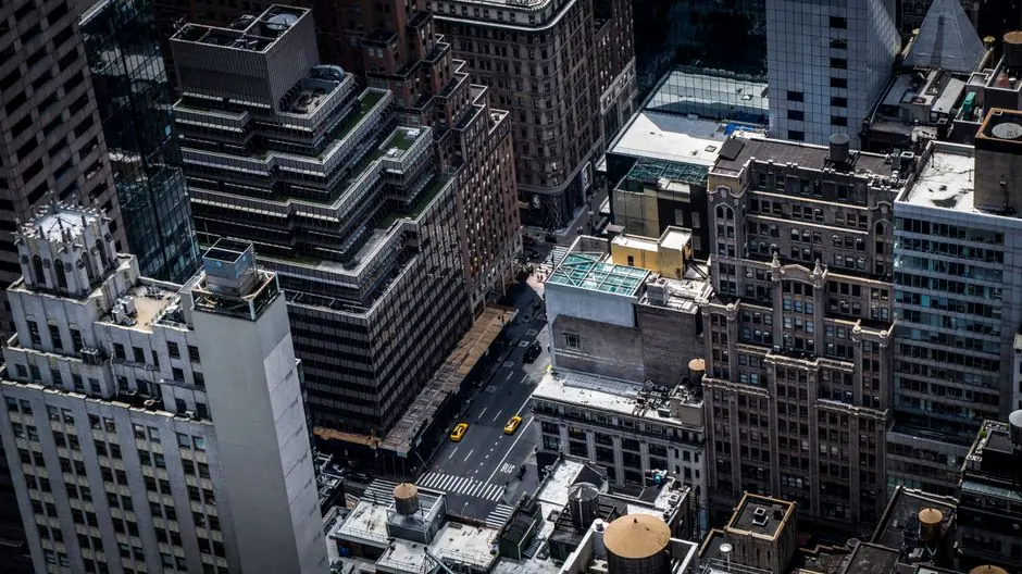 Aerial view of Manhattan rooftops and streets