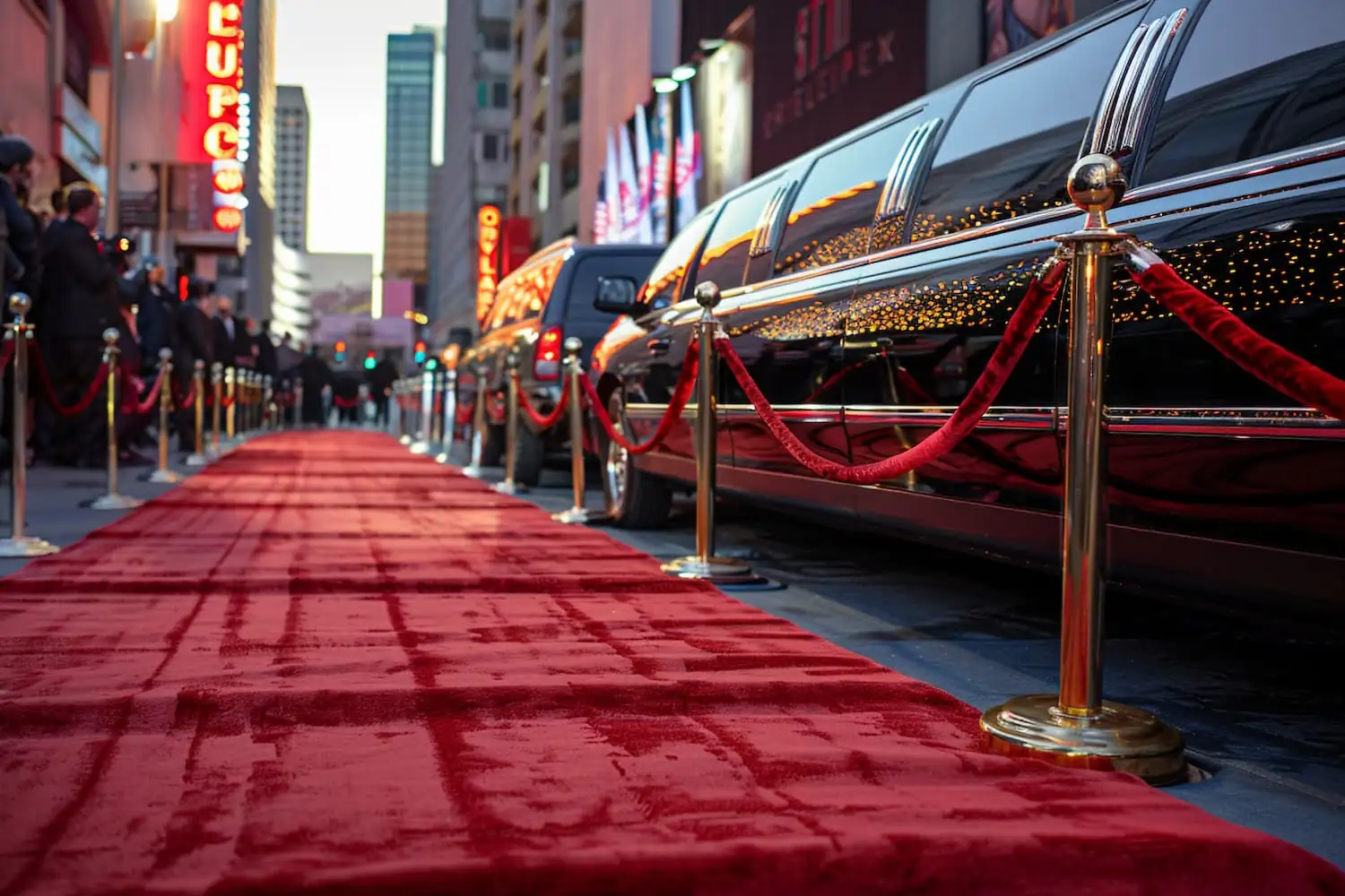 Red carpet and gold stanchions beside a stretch limousine on a city street at night